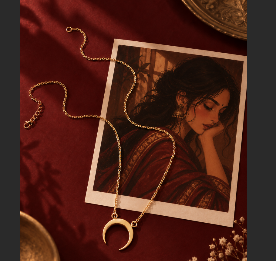 Irada jewelry arranged on maroon silk beside a portrait