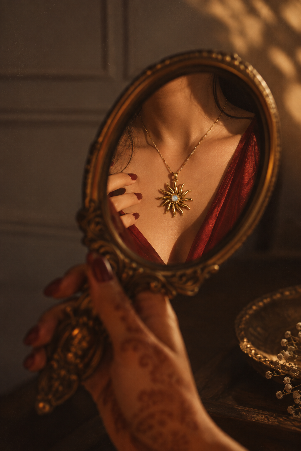 Brass pendant reflected in a mirror