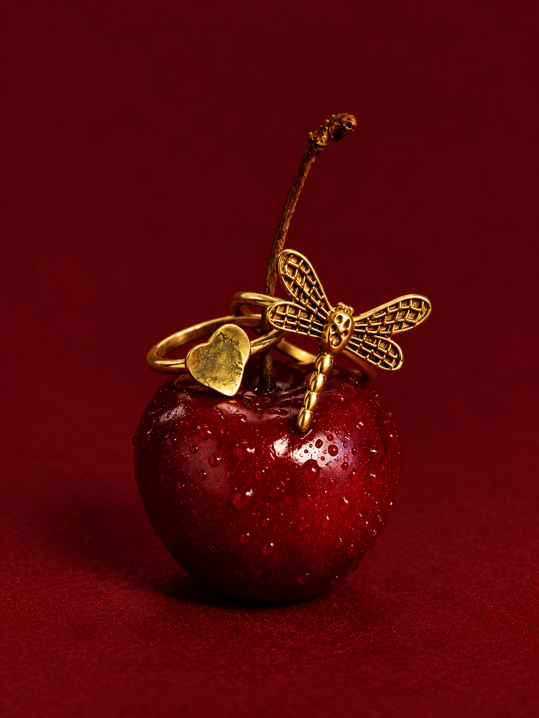 Brass rings on a red apple