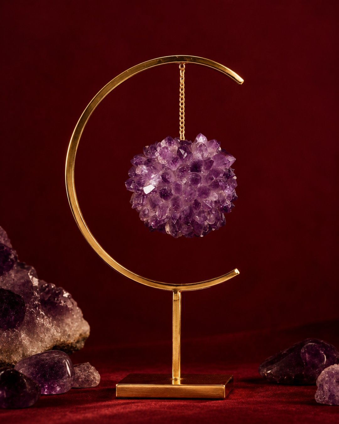 Amethyst decoration on a brass stand