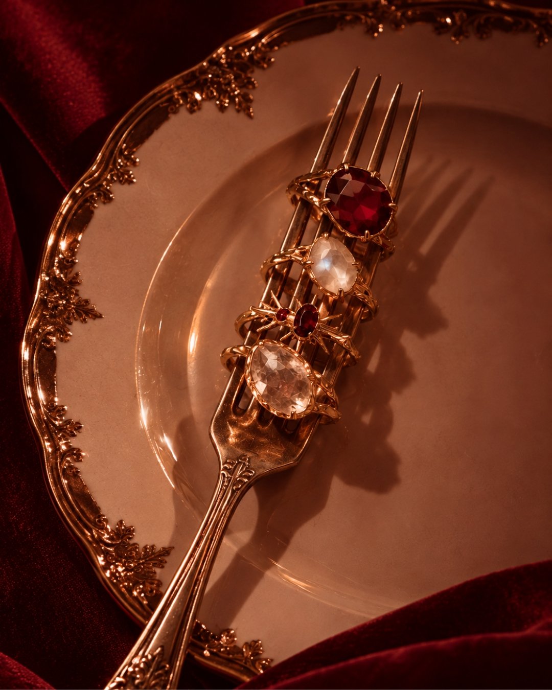 Crystal rings on a decorative fork